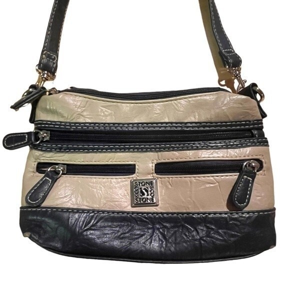 Stone & Co Tumbled Leather Beige & Navy Blue Small Double Zip Shoulder Bag Purse - Picture 2 of 14